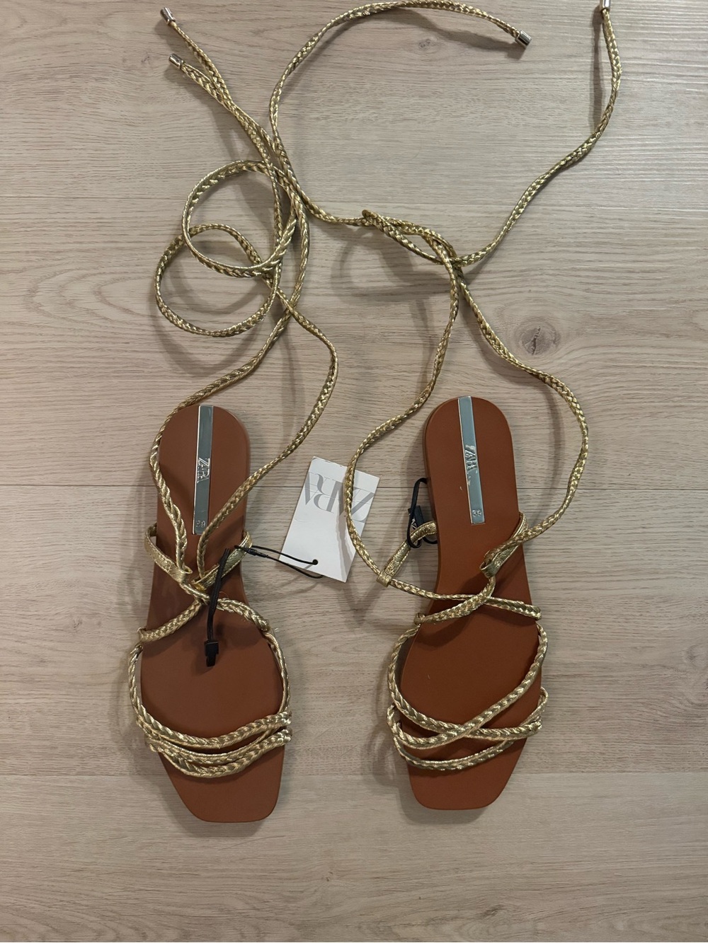 Zara Gold Braided Lace-Up Sandals with Tan Footbed